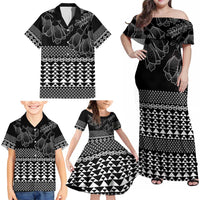 Black Taniko Kowhaiwhai Tukutuku Motif Family Matching Off Shoulder Maxi Dress and Hawaiian Shirt LT9 - Polynesian Pride