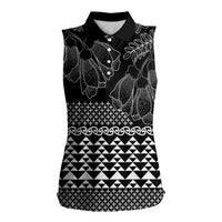 Black Taniko Kowhaiwhai Tukutuku Motif Women Sleeveless Polo Shirt