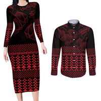 Red Taniko Kowhaiwhai Tukutuku Motif Couples Matching Long Sleeve Bodycon Dress and Long Sleeve Button Shirt