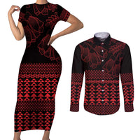 Red Taniko Kowhaiwhai Tukutuku Motif Couples Matching Short Sleeve Bodycon Dress and Long Sleeve Button Shirt