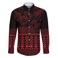 Red Taniko Kowhaiwhai Tukutuku Motif Family Matching Off The Shoulder Long Sleeve Dress and Hawaiian Shirt LT9 Dad's Shirt - Long Sleeve Red - Polynesian Pride