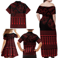 Red Taniko Kowhaiwhai Tukutuku Motif Family Matching Off Shoulder Maxi Dress and Hawaiian Shirt LT9 - Polynesian Pride