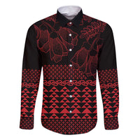 Red Taniko Kowhaiwhai Tukutuku Motif Family Matching Off Shoulder Short Dress and Hawaiian Shirt LT9 Dad's Shirt - Long Sleeve Red - Polynesian Pride