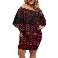 Red Taniko Kowhaiwhai Tukutuku Motif Family Matching Off Shoulder Short Dress and Hawaiian Shirt LT9 Mom's Dress Red - Polynesian Pride