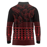 Red Taniko Kowhaiwhai Tukutuku Motif Long Sleeve Polo Shirt