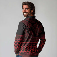 Red Taniko Kowhaiwhai Tukutuku Motif Long Sleeve Polo Shirt