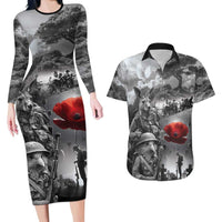 Black ANZAC Day The Battle of Lone Pine Couples Matching Long Sleeve Bodycon Dress and Hawaiian Shirt Kiwi-Kangaroo Soldier Lest We Forget LT9 Black - Polynesian Pride