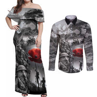 Black ANZAC Day The Battle of Lone Pine Couples Matching Off Shoulder Maxi Dress and Long Sleeve Button Shirt Kiwi-Kangaroo Soldier Lest We Forget LT9 Black - Polynesian Pride
