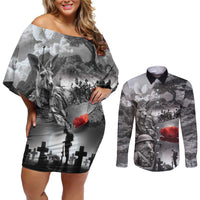 Black ANZAC Day The Battle of Lone Pine Couples Matching Off Shoulder Short Dress and Long Sleeve Button Shirt Kiwi-Kangaroo Soldier Lest We Forget LT9 Black - Polynesian Pride