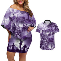 Purple ANZAC Day The Battle of Lone Pine Couples Matching Off Shoulder Short Dress and Hawaiian Shirt Kiwi-Kangaroo Soldier Lest We Forget LT9 Purple - Polynesian Pride