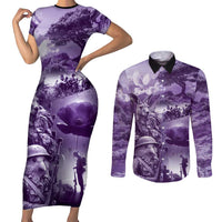 Purple ANZAC Day The Battle of Lone Pine Couples Matching Short Sleeve Bodycon Dress and Long Sleeve Button Shirt Kiwi-Kangaroo Soldier Lest We Forget LT9 Purple - Polynesian Pride