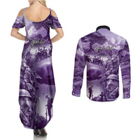 Purple ANZAC Day The Battle of Lone Pine Couples Matching Summer Maxi Dress and Long Sleeve Button Shirt Kiwi-Kangaroo Soldier Lest We Forget LT9 - Polynesian Pride