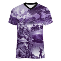 Purple ANZAC Day The Battle of Lone Pine Women V-Neck T-Shirt Kiwi-Kangaroo Soldier Lest We Forget