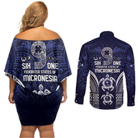 FSM Chuuk States Couples Matching Off Shoulder Short Dress and Long Sleeve Button Shirt Micronesia Six 9 One Polynesian Tribal Pattern
