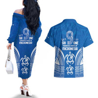 FSM Yap States Couples Matching Off The Shoulder Long Sleeve Dress and Hawaiian Shirt Micronesia Six 9 One Polynesian Tribal Pattern