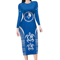 FSM Yap States Family Matching Long Sleeve Bodycon Dress and Hawaiian Shirt Micronesia Six 9 One Polynesian Tribal Pattern LT9 Mom's Dress Blue - Polynesian Pride