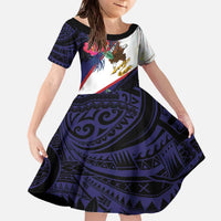 American Samoa Flag Day Since 1900 Family Matching Off The Shoulder Long Sleeve Dress and Hawaiian Shirt Samoa Muamua Le Atua Tropical Flowers LT9 Daughter's Dress Blue - Polynesian Pride