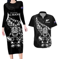New Zealand Rugby Custom Couples Matching Long Sleeve Bodycon Dress and Hawaiian Shirt Opango All Black Fern LT9 Black - Polynesian Pride