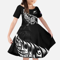 New Zealand Rugby Custom Family Matching Off The Shoulder Long Sleeve Dress and Hawaiian Shirt Opango All Black Fern LT9 Daughter's Dress Black - Polynesian Pride