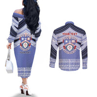 Personalised Tonga Apifoou College Couples Matching Off The Shoulder Long Sleeve Dress and Long Sleeve Button Shirt Polynesian Ngatu Tribal