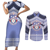 Personalised Tonga Apifoou College Couples Matching Short Sleeve Bodycon Dress and Long Sleeve Button Shirt Polynesian Ngatu Tribal