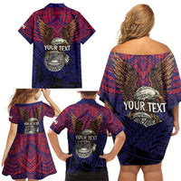 American Samoa Brave Eagle Personalized Family Matching Off Shoulder Short Dress and Hawaiian Shirt National Flag Color