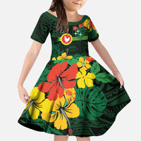 American Samoa Manu'atele Personalized Family Matching Off The Shoulder Long Sleeve Dress and Hawaiian Shirt Manua Island Hibiscus Flowers LT9 Daughter's Dress Green - Polynesian Pride