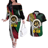 Ni-Van Vanuatu 45th Yumi Yumi Yumi Couples Matching Off The Shoulder Long Sleeve Dress and Hawaiian Shirt Vanuatuan Boar Tusk Polynesian Pattern LT9 Black - Polynesian Pride