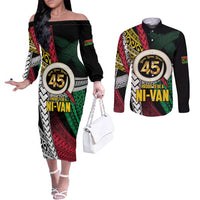 Ni-Van Vanuatu 45th Yumi Yumi Yumi Couples Matching Off The Shoulder Long Sleeve Dress and Long Sleeve Button Shirt Vanuatuan Boar Tusk Polynesian Pattern LT9 Black - Polynesian Pride