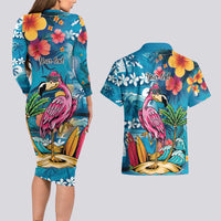 Hawaiian Flamingo Hibiscus Personalised Couples Matching Long Sleeve Bodycon Dress and Hawaiian Shirt Blue Summer Tropical Flowers LT9 - Polynesian Pride