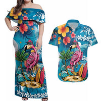 Hawaiian Flamingo Hibiscus Personalised Couples Matching Off Shoulder Maxi Dress and Hawaiian Shirt Blue Summer Tropical Flowers LT9 Blue - Polynesian Pride