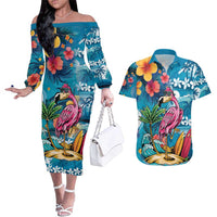Hawaiian Flamingo Hibiscus Personalised Couples Matching Off The Shoulder Long Sleeve Dress and Hawaiian Shirt Blue Summer Tropical Flowers LT9 Blue - Polynesian Pride