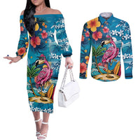 Hawaiian Flamingo Hibiscus Personalised Couples Matching Off The Shoulder Long Sleeve Dress and Long Sleeve Button Shirt Blue Summer Tropical Flowers LT9 Blue - Polynesian Pride