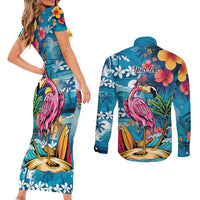 Hawaiian Flamingo Hibiscus Personalised Couples Matching Short Sleeve Bodycon Dress and Long Sleeve Button Shirt Blue Summer Tropical Flowers LT9 - Polynesian Pride