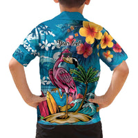 Hawaiian Flamingo Hibiscus Personalised Family Matching Off The Shoulder Long Sleeve Dress and Hawaiian Shirt Blue Summer Tropical Flowers LT9 - Polynesian Pride