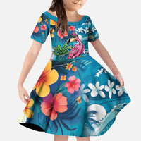 Hawaiian Flamingo Hibiscus Personalised Family Matching Off The Shoulder Long Sleeve Dress and Hawaiian Shirt Blue Summer Tropical Flowers LT9 Daughter's Dress Blue - Polynesian Pride
