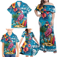 Hawaiian Flamingo Hibiscus Personalised Family Matching Off Shoulder Maxi Dress and Hawaiian Shirt Blue Summer Tropical Flowers LT9 - Polynesian Pride