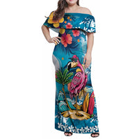 Hawaiian Flamingo Hibiscus Personalised Family Matching Off Shoulder Maxi Dress and Hawaiian Shirt Blue Summer Tropical Flowers LT9 Mom's Dress Blue - Polynesian Pride