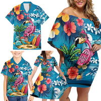 Hawaiian Flamingo Hibiscus Personalised Family Matching Off Shoulder Short Dress and Hawaiian Shirt Blue Summer Tropical Flowers LT9 - Polynesian Pride