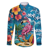 Hawaiian Flamingo Hibiscus Personalised Family Matching Tank Maxi Dress and Hawaiian Shirt Blue Summer Tropical Flowers LT9 Dad's Shirt - Long Sleeve Blue - Polynesian Pride