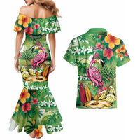 Hawaiian Flamingo Hibiscus Personalised Couples Matching Mermaid Dress and Hawaiian Shirt Green Summer Tropical Flowers LT9 - Polynesian Pride