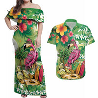 Hawaiian Flamingo Hibiscus Personalised Couples Matching Off Shoulder Maxi Dress and Hawaiian Shirt Green Summer Tropical Flowers LT9 Green - Polynesian Pride
