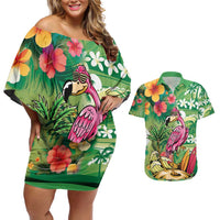 Hawaiian Flamingo Hibiscus Personalised Couples Matching Off Shoulder Short Dress and Hawaiian Shirt Green Summer Tropical Flowers LT9 Green - Polynesian Pride