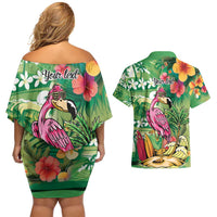 Hawaiian Flamingo Hibiscus Personalised Couples Matching Off Shoulder Short Dress and Hawaiian Shirt Green Summer Tropical Flowers LT9 - Polynesian Pride