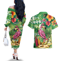Hawaiian Flamingo Hibiscus Personalised Couples Matching Off The Shoulder Long Sleeve Dress and Hawaiian Shirt Green Summer Tropical Flowers LT9 - Polynesian Pride