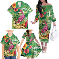 Hawaiian Flamingo Hibiscus Personalised Family Matching Off The Shoulder Long Sleeve Dress and Hawaiian Shirt Green Summer Tropical Flowers LT9 - Polynesian Pride