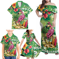 Hawaiian Flamingo Hibiscus Personalised Family Matching Off Shoulder Maxi Dress and Hawaiian Shirt Green Summer Tropical Flowers LT9 - Polynesian Pride