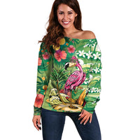 Hawaiian Flamingo Hibiscus Personalised Off Shoulder Sweater Green Summer Tropical Flowers LT9 Women Green - Polynesian Pride