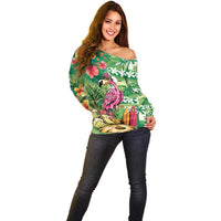Hawaiian Flamingo Hibiscus Personalised Off Shoulder Sweater Green Summer Tropical Flowers LT9 - Polynesian Pride