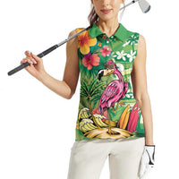 Hawaiian Flamingo Hibiscus Personalised Women Sleeveless Polo Shirt Green Summer Tropical Flowers LT9 - Polynesian Pride